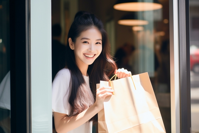 ショッピング後の笑顔の女性